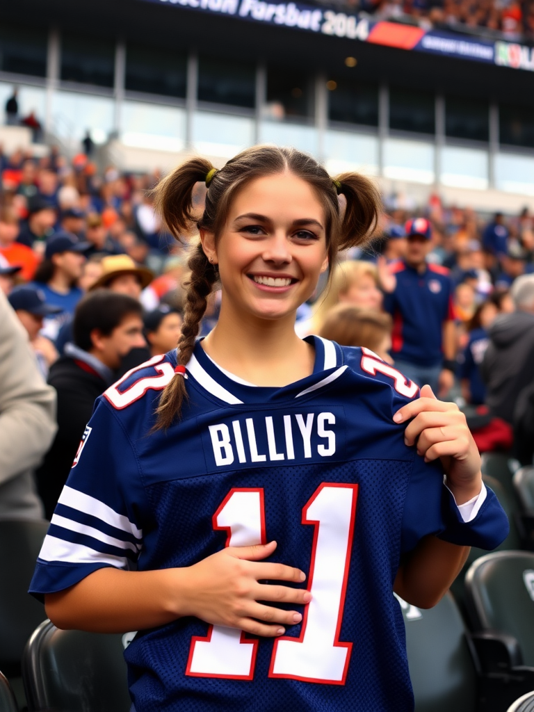 Attractive female NFL fan, pigtail hair, enthusiastic, inside crowded bleacher row, holding a spare jersey, asking for an autograph, NFL stadium