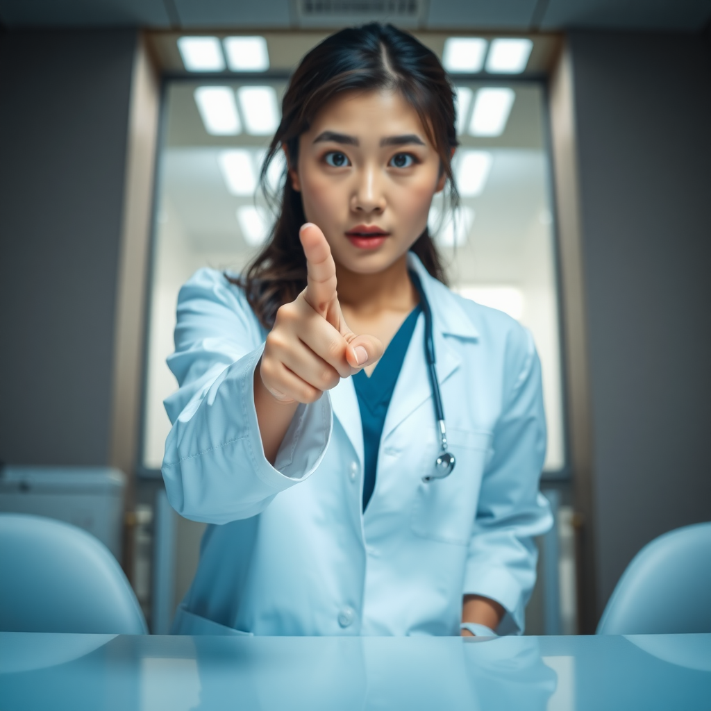 Photo low angle Korean woman wearing lab coat standing and pointing her finger toward the camera which is on a table in front of her. She has a surprised look on her face.