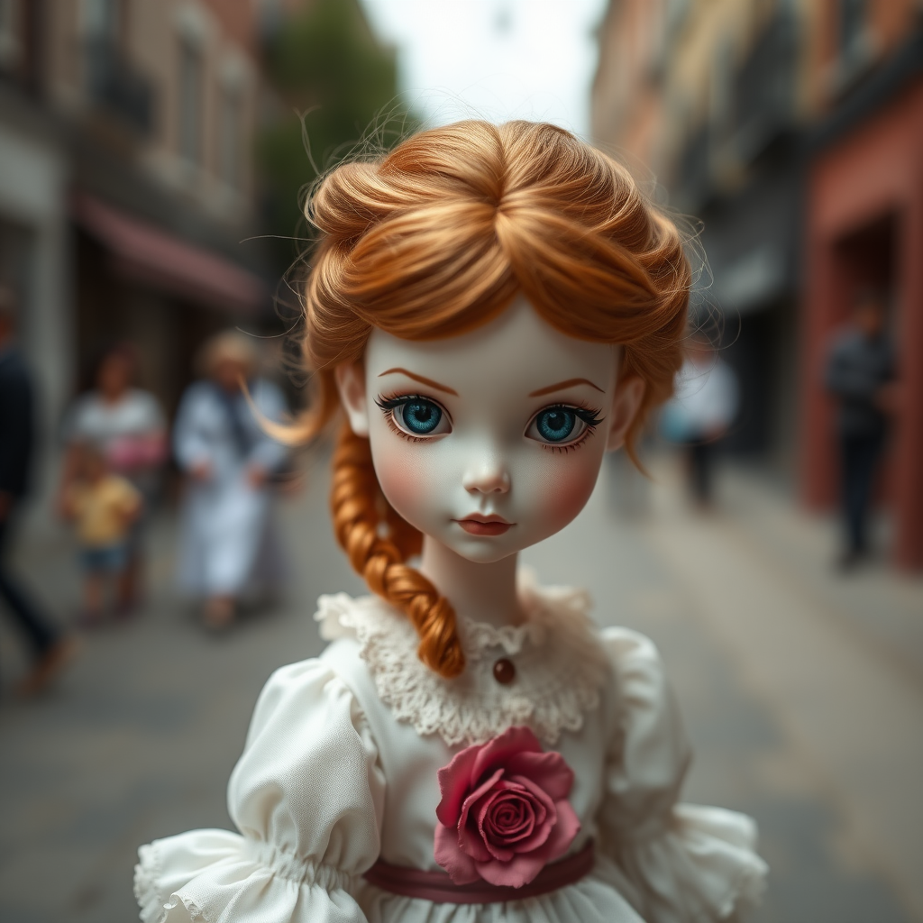 ooak art doll, looking at camera, shy flirting, street photography, artist doll, realistic doll, life-like porcelain doll, handmade, one of a kind, focus stacking, abstract, minimalist art, in focus, hyperfocal, bisque porcelain, Victorian dress, floral, symmetric, sacred geometry, original, unique personality, dynamic, cinematic scene, centered, zoom shot, telephoto lens, preteen ginger girl, balanced colors