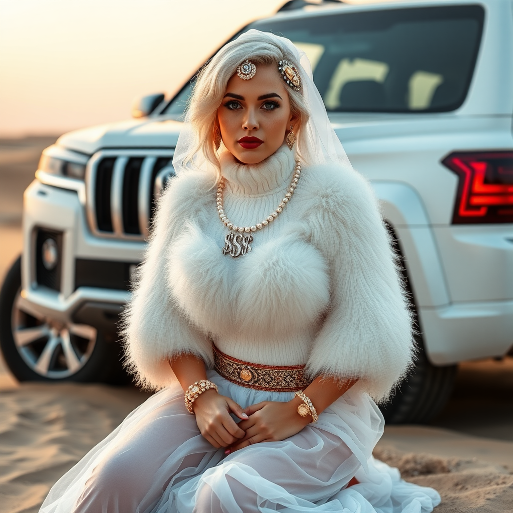 Kuwait desert dunes misty dawn, full size luxury SUV: Melissa, European 17 years old very convincing femboy “trophy-bimbo”, tamed servile docile, very beautiful feminine flawless face, rather short, by hormones very curvaceous womanly figured, platinum blond short tight curls, bold red lips, heavily made-up face, wearing Supertanya-style fluffy very fuzzy bright white angora turtleneck-poncho cropped ending under bust decorated with pearls and gemstones, striking oriental wide gold bridal protection belt, white fully transparent harem pants, full Oriental bridal jewelry including headpiece, face partly covered by white transparent harem-style face veil, coin anklets, striking diamond “$$$” letter brooch on left chest, pout frustrated, hands tied behind back, kneeling in sand in front of SUV, looking at camera. Focus on face and turtleneck-poncho.