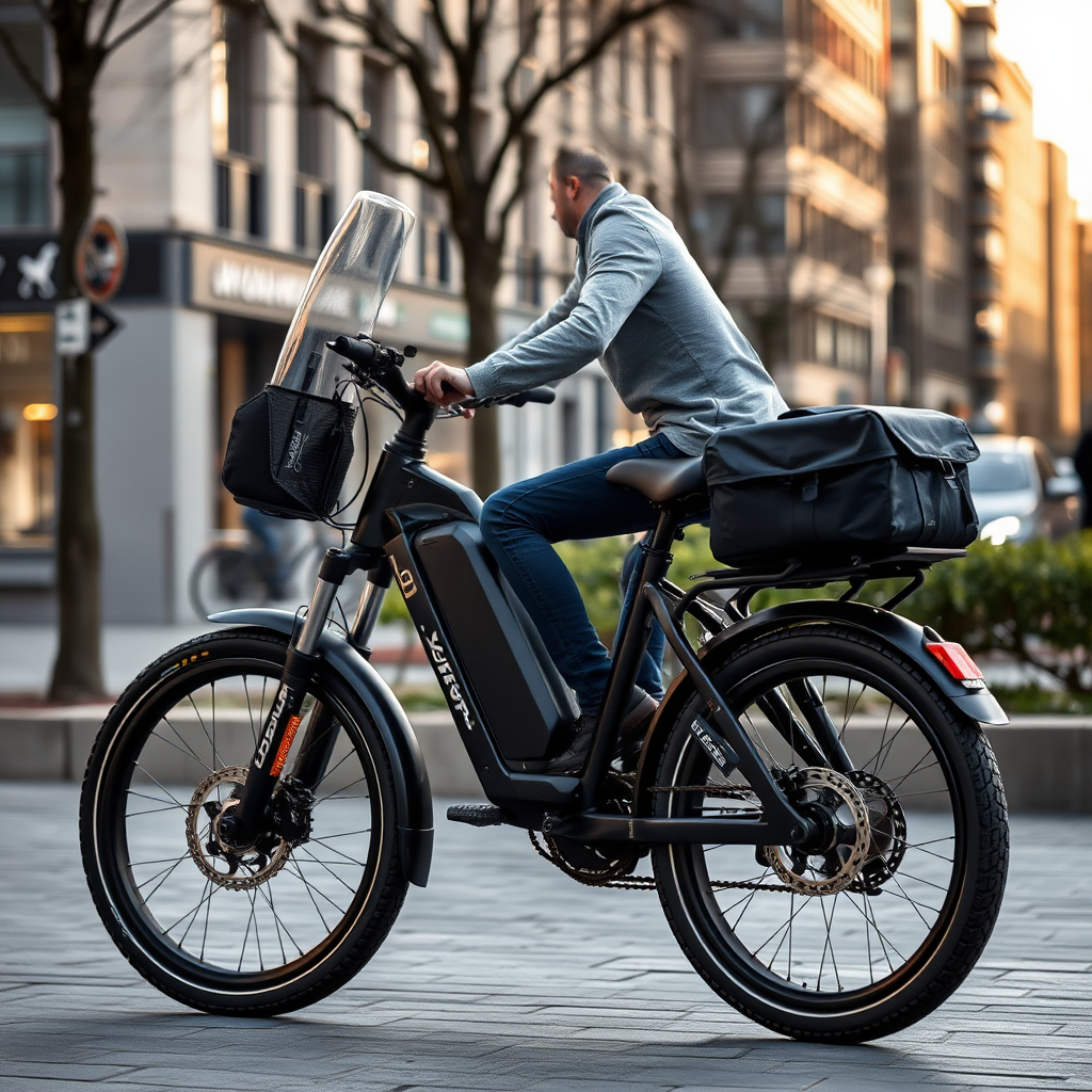 An E-biker of the VeloKraft brand of the future with impact protection in an urban environment.