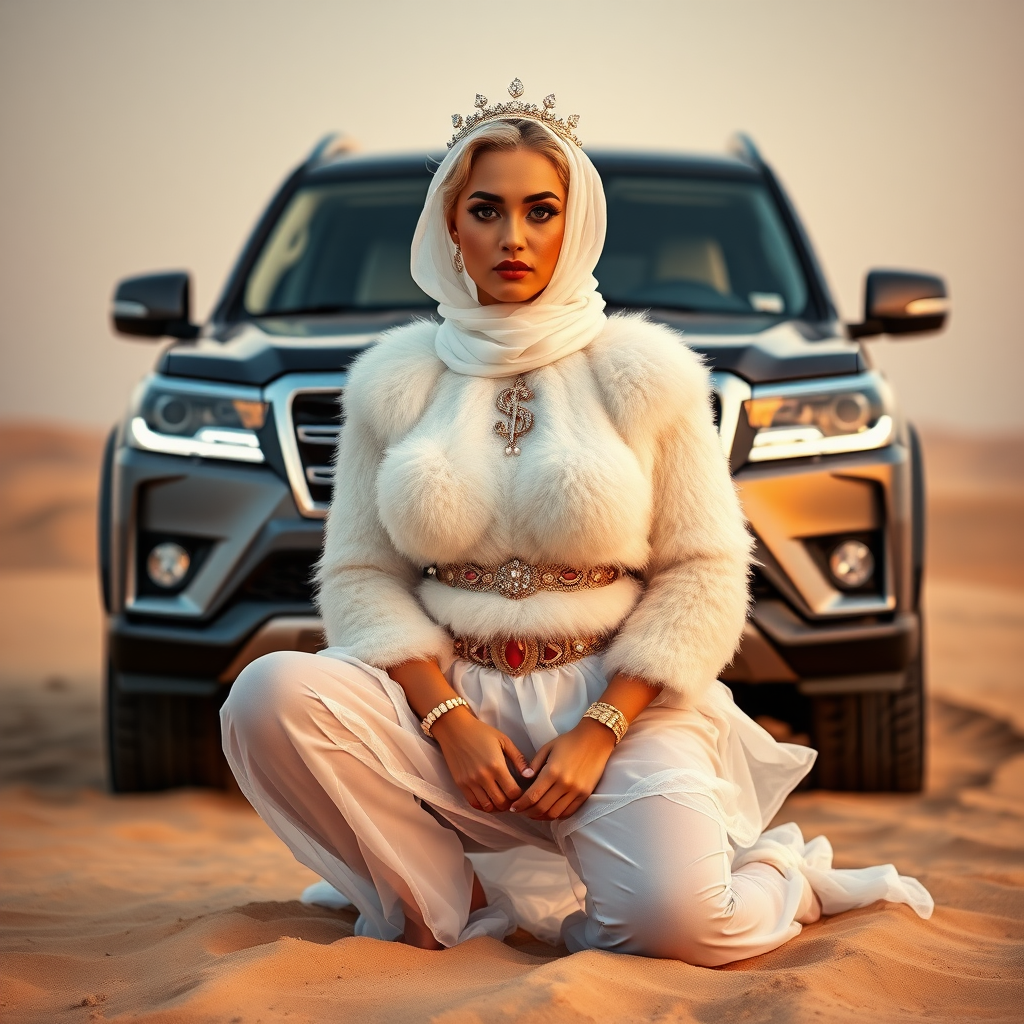 Kuwait desert dunes misty dawn, full size luxury SUV: Melissa, European 17 years old very convincing femboy “trophy-bimbo”, tamed servile docile, very beautiful feminine flawless face, rather short, by hormones very curvaceous womanly figured, platinum blond short tight curls, bold red lips, heavily made-up face, wearing Supertanya-style fluffy very fuzzy bright white angora turtleneck-poncho cropped ending under bust decorated with pearls and gemstones, striking oriental wide gold bridal protection belt, white fully transparent harem pants, full Oriental bridal jewelry including headpiece, white transparent Burka face veil covering noose and mouth, coin anklets, striking diamond “$$$” letter brooch on left chest, pout frustrated, hands tied behind back, kneeling in sand in front of SUV, looking at camera. Focus on face and turtleneck-poncho.