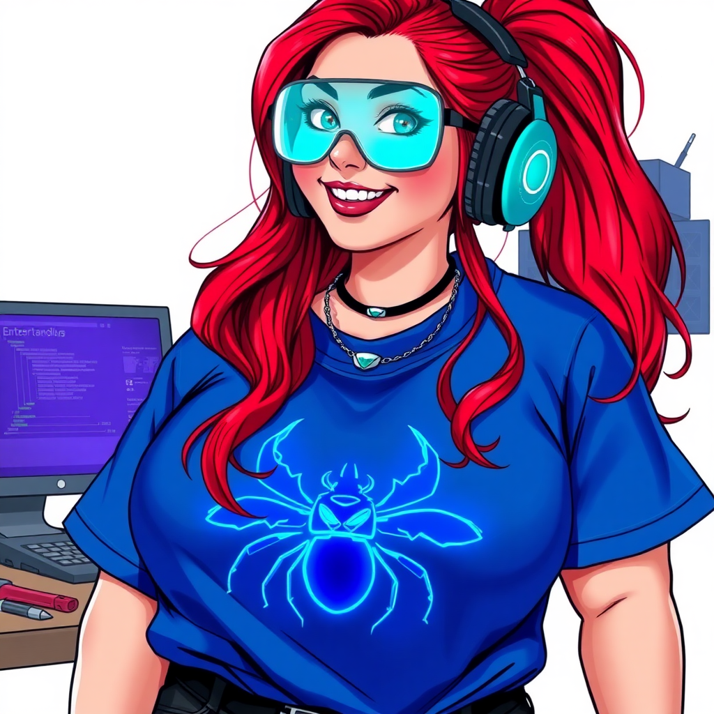 A cyberpunk vigilante’s full-figured intelligent and tech-savvy 29-year-old girlfriend, who is a computer hacker and tech genius. She has a long ruby red ponytail and bright blue eyes. She wears a sapphire beetle gemstone necklace, and an oversized maximum blue t-shirt featuring a giant neon blue glowing icon of a beetle on its chest. She has a full-figured physique with a prominently, gargantuan, well-rounded midsection, reflecting her well-cared-for lifestyle. The midsection is heavily emphasized. She sports a sapphire headset with hi-tech maximum turquoise lensed HUD visor, black eyeglasses, and a beaming smile with a passionate bright red blush. Despite her figure and a lack of self-esteem, she radiates an air of beauty. She has a slim face which contributes to her radiant beauty. She serves as his tech expert from his hideout, dutifully working at her workshop with a computer desk and tool bench. The background is solid white. She is drawn as if she was in a retro 2D cyberpunk fighting game. Ensure her shirt covers her midsection.