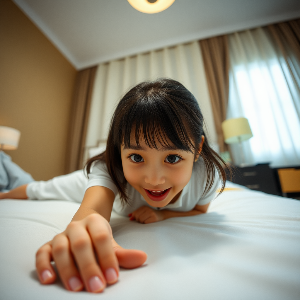 Photo low angle full body shot beautiful Xiaomeimei looking down. She is kneeling on the bed reaching for a coin. Her expression is delighted surprise.