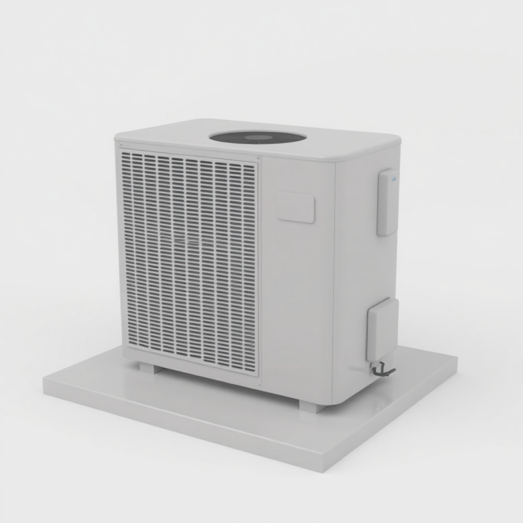 A simple, 3D model of a standard residential outdoor air conditioning unit or condenser. The unit should be placed on a flat surface. The unit should be a neutral color. Plain, uncluttered background. No text.