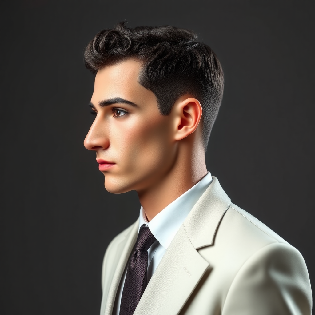 Man model in profile, dressed in a light formal suit, patent shoes, very short fine curly hair, oval face, small nose, brown eyes, thin lips, normal attached ears, slight double chin, Mediterranean complexion, very thin eyebrows.