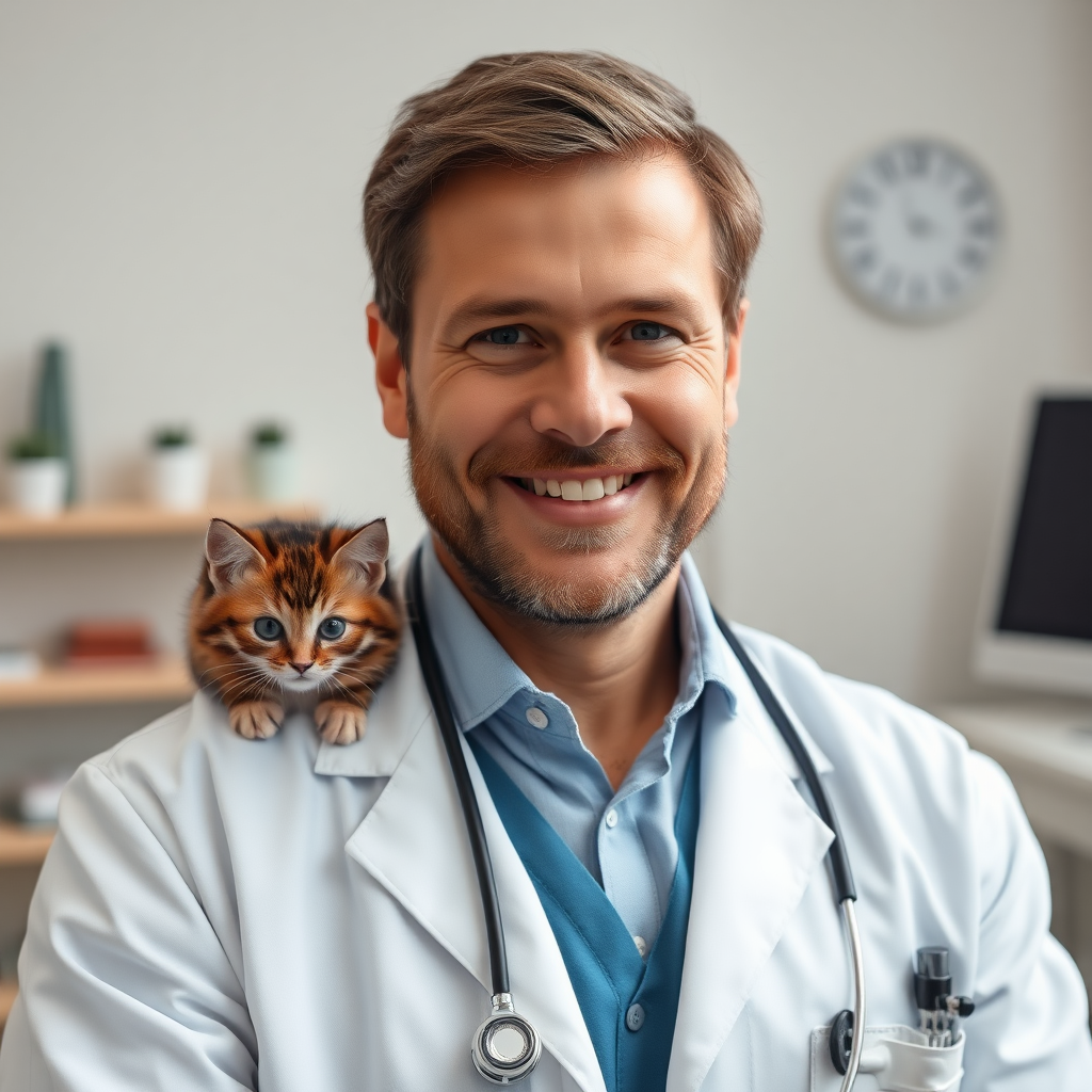 a 57yo handsome swiss doctor, very reliable look,on his studio,nice smile,really professional look,extremely photorealistic image, no rings. there is a cute kitten on the doctor's shoulder