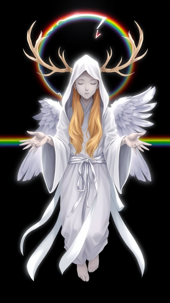 (Anime Style-art) Black background with rainbow-barrier broken, a completely faceless entity, grey-skinned, wearing a white hood, golden haired women covered in pure white light, 2 deer antlers, 2 angel wings, glowing-white robes, hands out, floating mid-air, looking at viewer, full body view