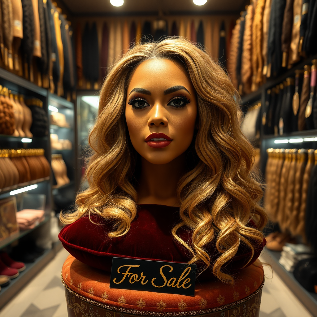 In a peculiar and well lit long hair fetish store, an arresting sight catches the eye: a real, live flesh and blood, disembodied head of Beyoncé, renowned for her mesmerizing voice and radiant presence, delicately placed on an ornate velvet cushion. Her luxurious, cascading hair, glistening like spun gold, flows gracefully around her shoulders, each strand perfectly styled and exuding a faint floral fragrance reminiscent of jasmine and vanilla.

The atmosphere in the store is tinged with an intriguing blend of curiosity and excitement, where the gentle hum of whispered conversations intertwines with the soft strains of sultry music, creating an intimate ambiance. Shelves lined with various hair extensions, wigs, and other hair-related paraphernalia surround the central display, each item a testament to the art of hair care and the fetish culture that thrives within these walls.

Beyoncé's lifelike head, with striking features and deep, expressive eyes, gazes forward, almost as if aware of the onlookers’ fascination. A small sign next to her, elegantly scripted in gold lettering, reads "For Sale: A unique experience awaits," adding an air of mystique to this extraordinary offering. The richness of her complexion and the sparkling elegance of her makeup highlight the surreal nature of this encounter, making it both alluring and slightly unsettling.

The shop's patrons, a mix of eager collectors and curious passersby, stand in awe, whispering among themselves about the remarkable piece before them, a blend of artistry and fantasy that captures the essence of an icon while igniting a strange sense of wonder.