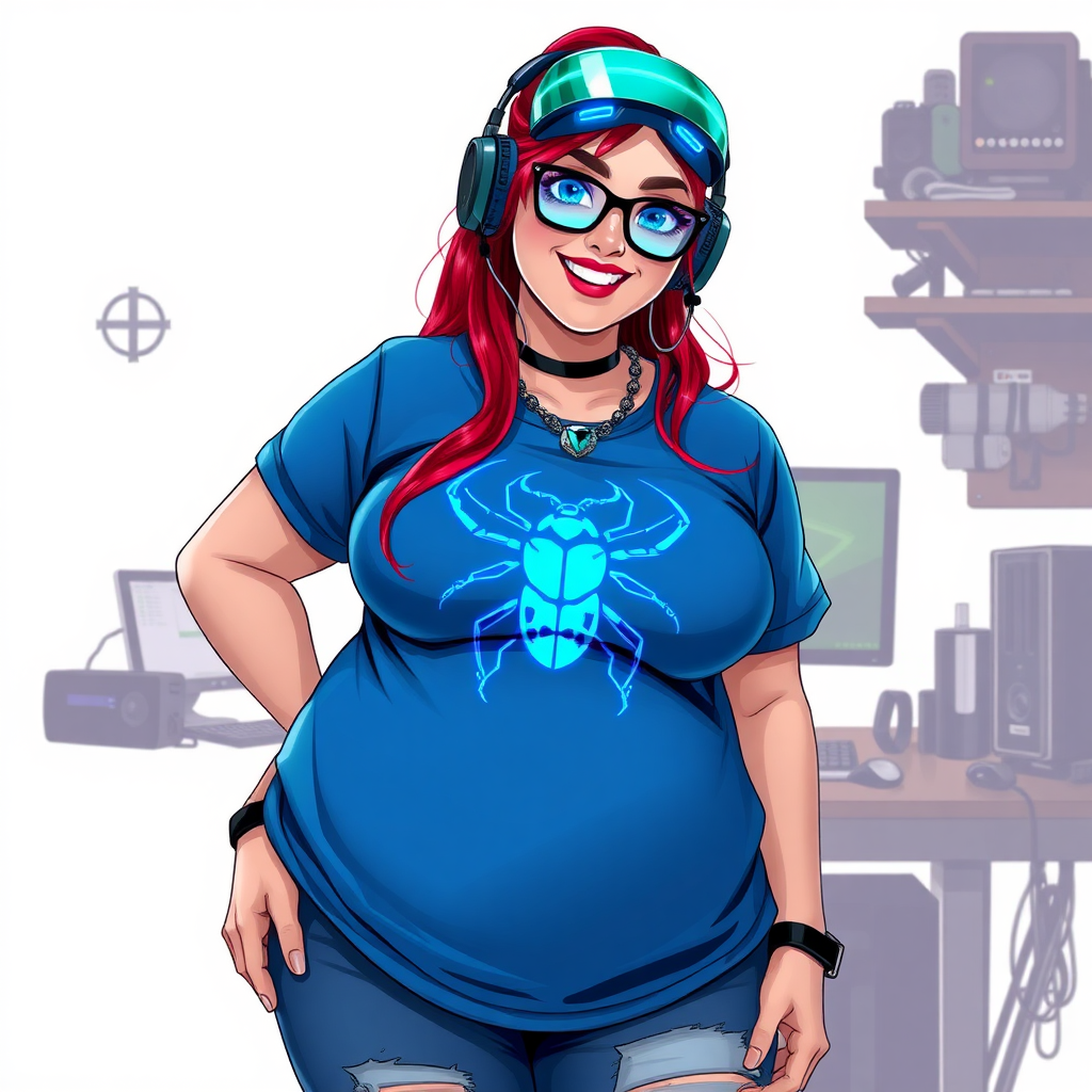 A cyberpunk vigilante’s full-figured intelligent and tech-savvy 29-year-old girlfriend, who is a computer hacker and tech genius. She has a long ruby red ponytail and bright blue eyes. She wears a sapphire beetle gemstone necklace, and an oversized maximum blue t-shirt featuring a giant neon blue glowing icon of a beetle on its chest. She has a full-figured physique with a prominently, gargantuan, well-rounded midsection, reflecting her well-cared-for lifestyle. The midsection is heavily emphasized. She sports a sapphire headset with hi-tech maximum turquoise lensed HUD visor, black eyeglasses, and a beaming smile with a passionate bright red blush. Despite her figure and a lack of self-esteem, she radiates an air of beauty. She has a slim face which contributes to her radiant beauty. She serves as his tech expert from his hideout, diligently working at her workshop with a computer desk and tool bench. The background is solid white. She is drawn as if she was in a retro 2D cyberpunk fighting game. Ensure her shirt covers her midsection.