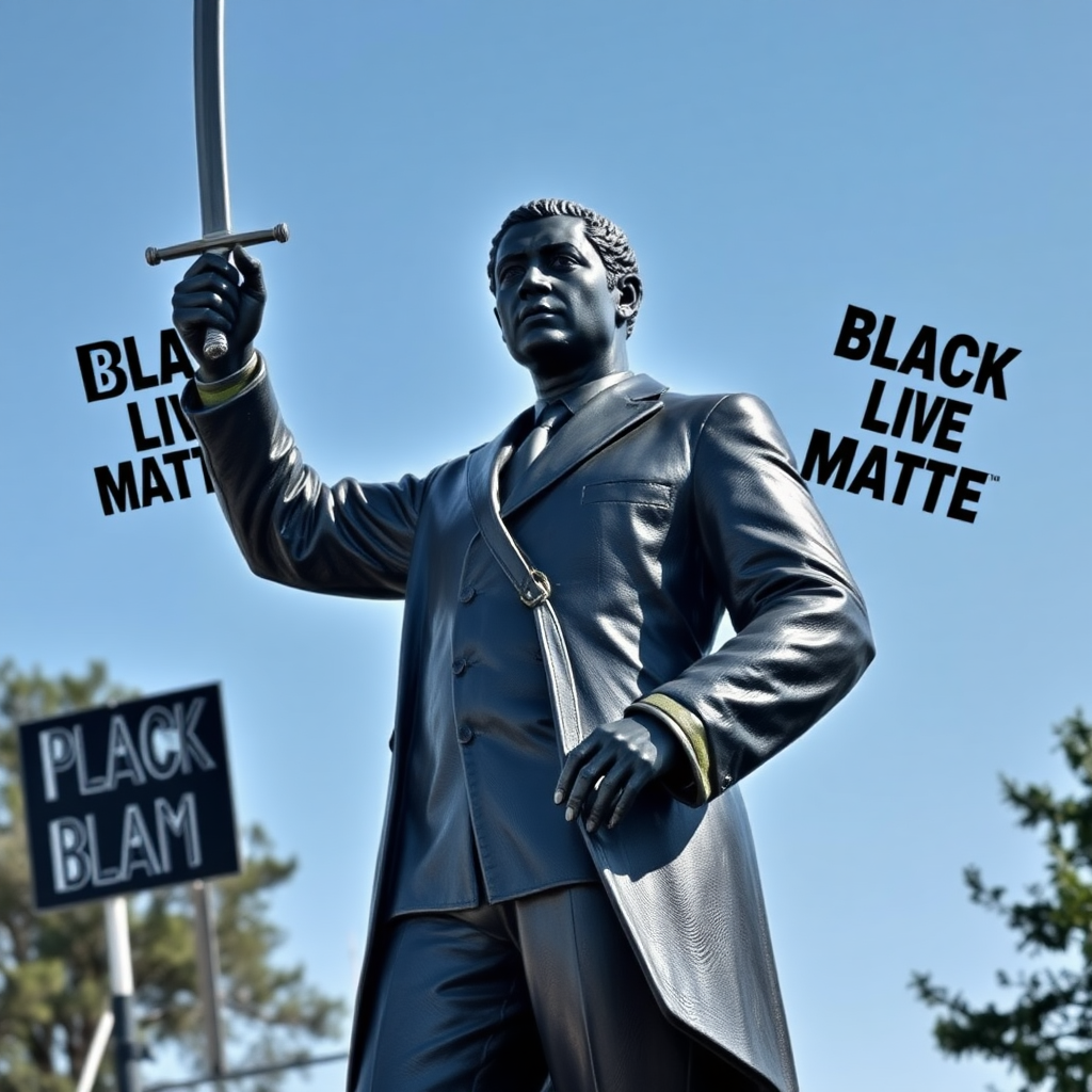 African-American black statue of African-American George Perry Floyd Jr. with a sword posing and black 'Black Lives Matter' around it, black  
Black Lives Matter (BLM) is a decentralized political and social movement black statueArt. BLM, African-American,black statue, George Perry Floyd Jr.