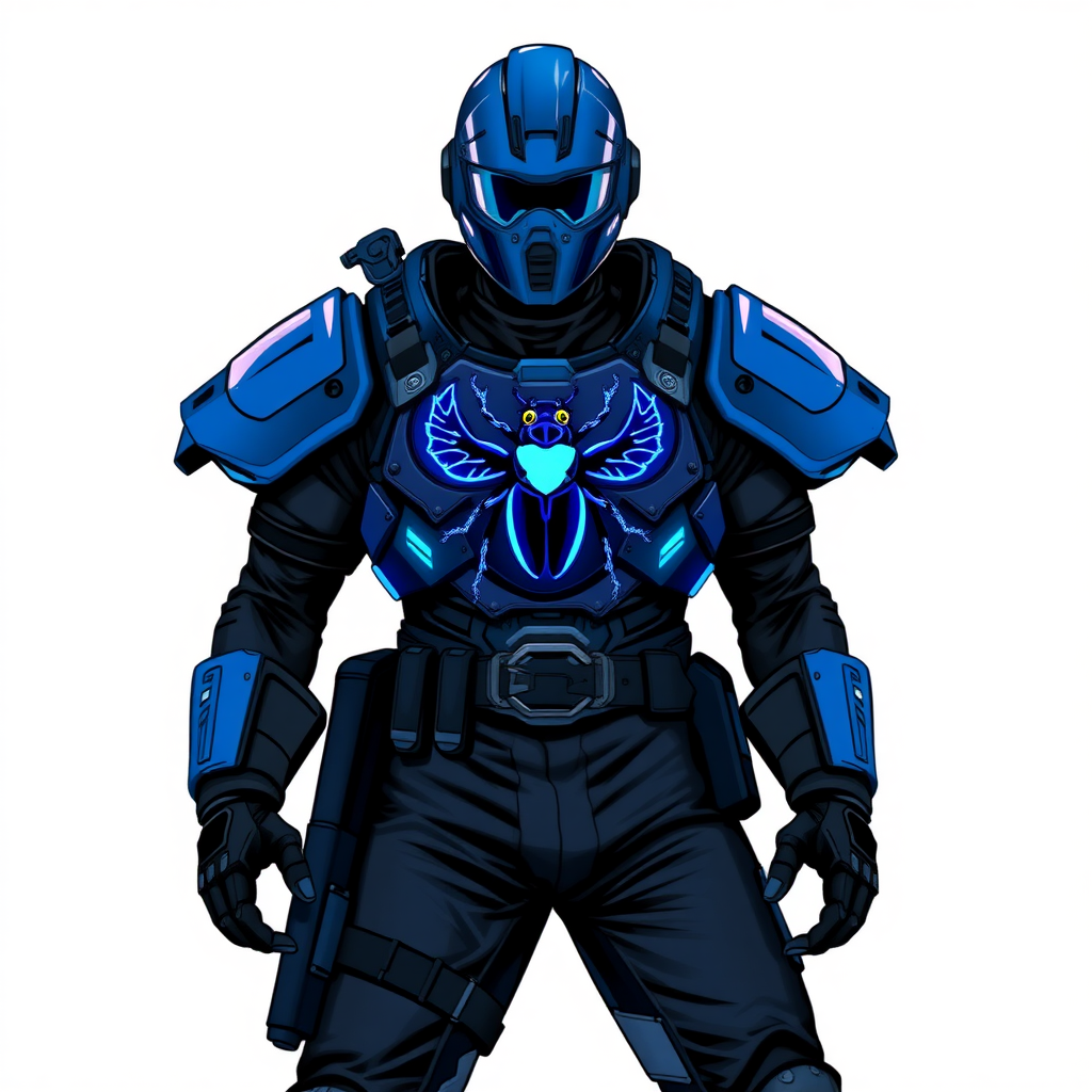 A 28-year-old cyberpunk vigilante stands heroically, clad in high-tech, maximum blue body armor featuring a neon blue glowing beetle on the chest. They wear black biker pants, a black belt with a sapphire beetle buckle, and a head covering helmet resembling a sleek, tactical design, but colored maximum blue with neon blue glowing lenses. Their hands are protected by black metal gloves, all set against a solid white background. He is drawn as if he was in a retro 2D cyberpunk fighting game.