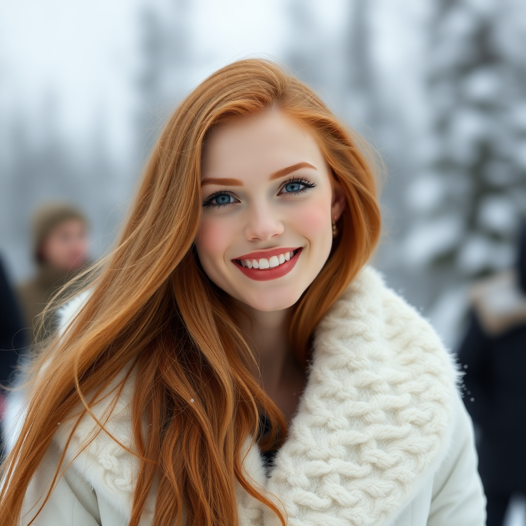 beautiful young elegant woman with ginger long hair, full lips, pale skin, on Alaska smiles in the snow