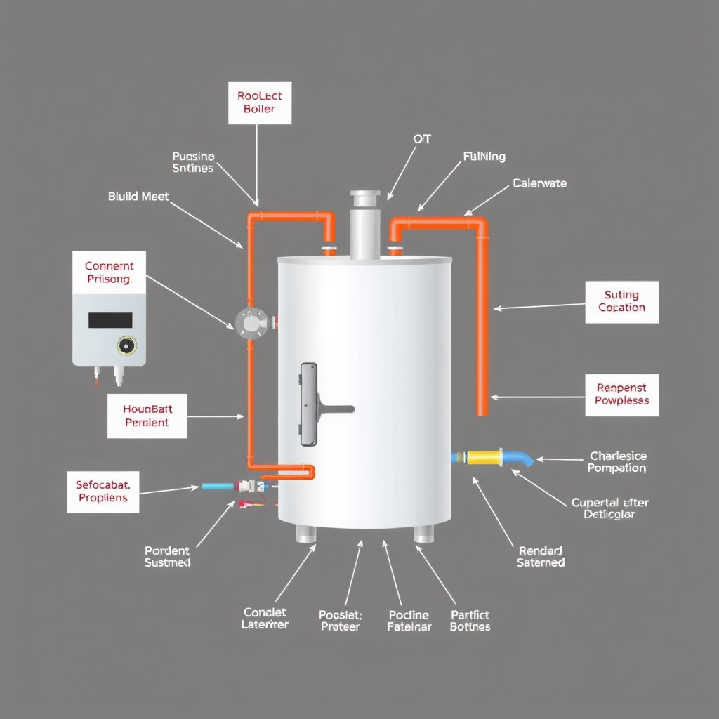 complete boiler system diagram with component parts highlighted and labeled in American English