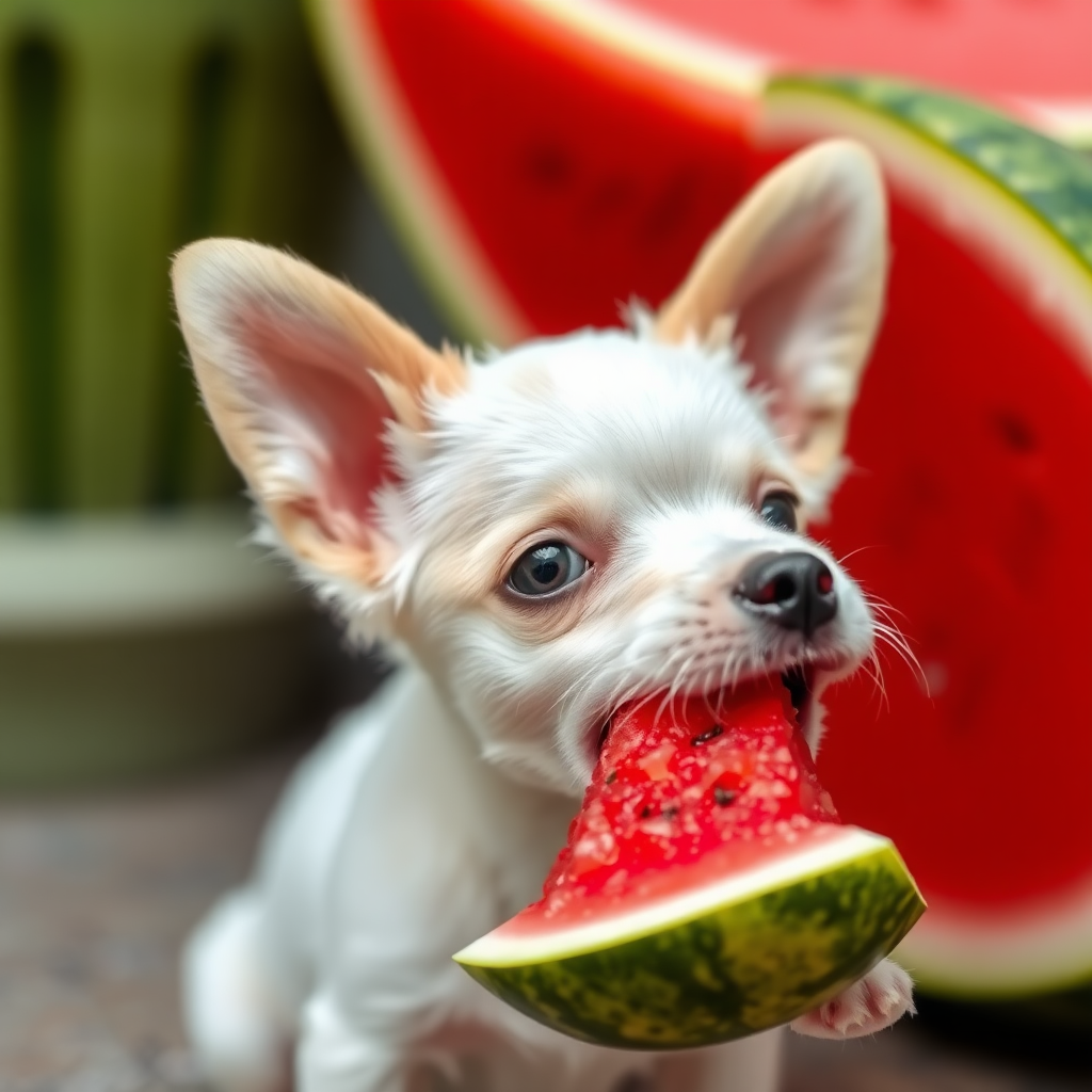 A little dog is eating watermelon, and it is a white little dog.