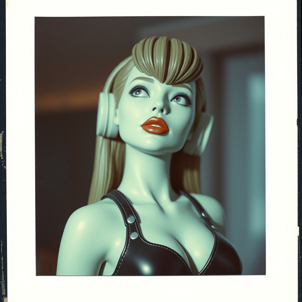 old polaroid photo of 3d printed model of sexy sci-fi girl