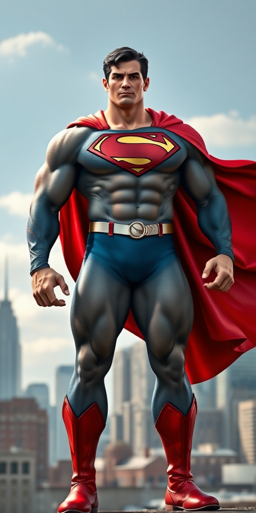 A photorealistic image of Superman, but with the bodily attributes of R Mika from Street Fighter. He stands in a heroic pose, radiating power, with his cape billowing behind him. His muscular build is exaggerated, with a broad chest, defined abs, and powerful legs. His face retains Superman's classic features, but his eyes hold a playful glint. The background is Metropolis, with the Daily Planet building in the distance, as a sign of his journalistic alter ego.