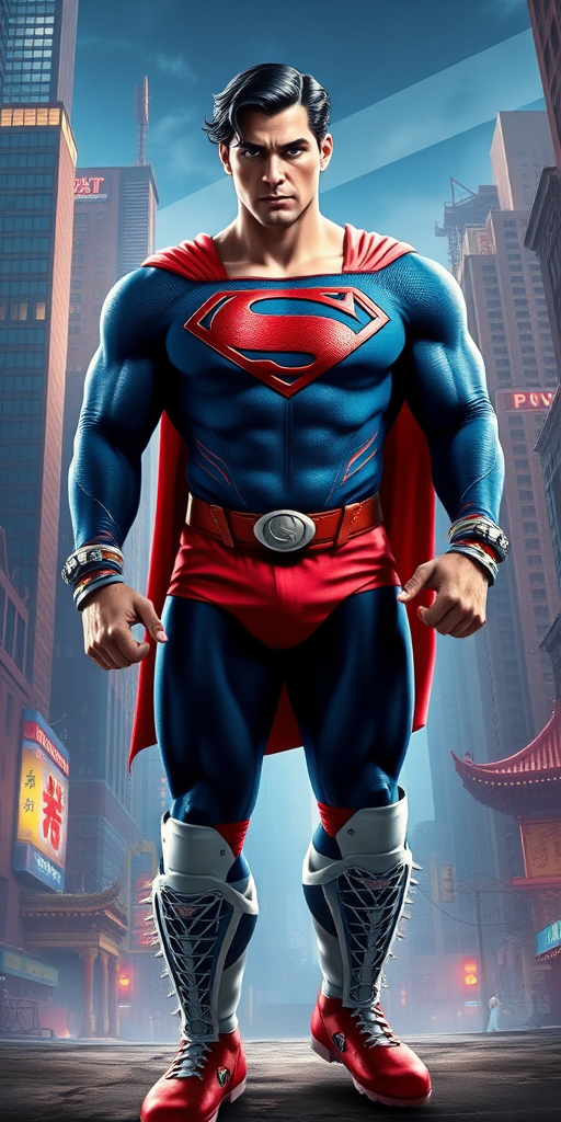 Create a photorealistic, full-body image of Superman, infusing his typical characteristics with the bodily attributes of Chun-Li from Street Fighter. The physique should be muscular as expected from Superman, however, incorporate Chun-Li's notably muscular and thick thighs, emblematic of her agility and kicking power. The character's attire should be a combination, with Superman's traditional blue and red costume but integrate Chun-Li's apparel details, such as her spiked bracelets on his wrists and white combat boots that transition into Superman's red boots.

The facial features should maintain Superman's striking square jawline and defined cheek bones. Let Superman's hairstyle be the iconic, blue-black slicked-back hair with a curl lock falling on his forehead.

For the backdrop, create an epic intersection between Metropolis city and a Street Fighter arena. Envision skyscrapers with Superman's iconic 'S' symbol beams and, concurrently, oriental designs and architecture portraying Chun-Li's world. Enhance the environment with high-intensity, dynamic lighting suggestive of an ongoing fight scene.