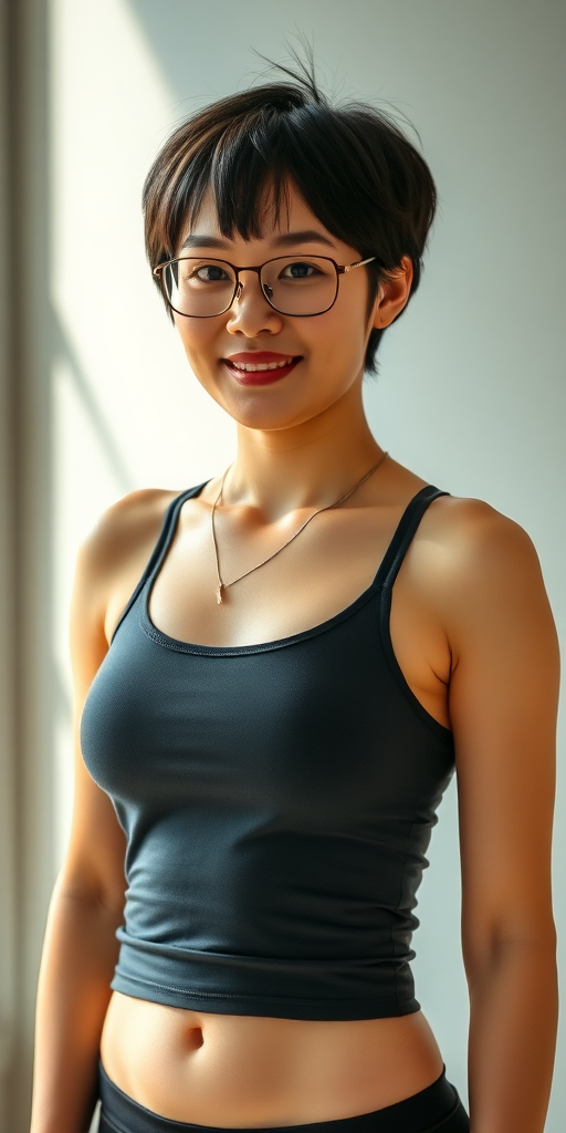 High definition image quality, a Chinese woman, short hair, wearing glasses, A cup size, full thighs, full hips, fitness tank top, black hair, full body shot.