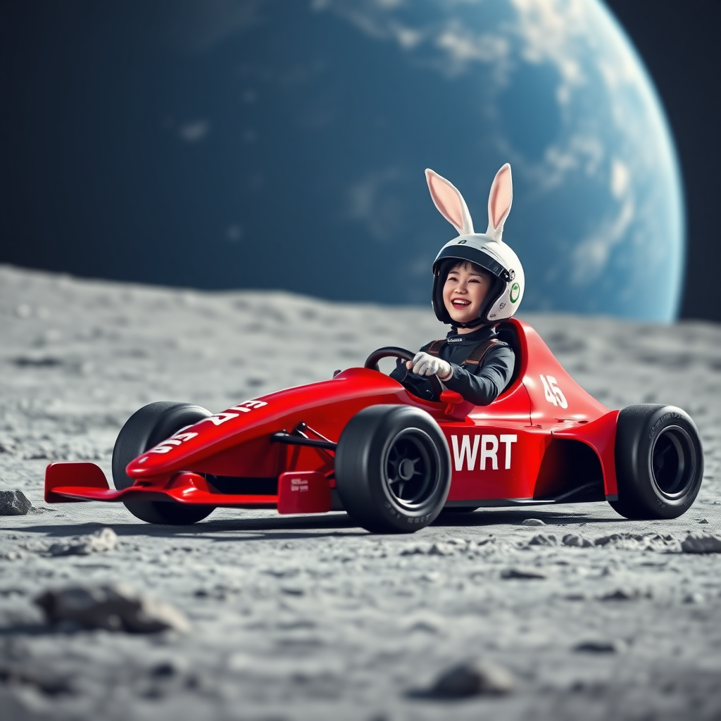 On the surface of the moon, there is a flat racetrack with a red Formula car on it, labeled WRT. A beautiful Chinese female driver, wearing a full helmet with white rabbit ears standing up, is laughing and waving one hand while holding the steering wheel tightly with the other. In the background, there is a huge blue Earth.