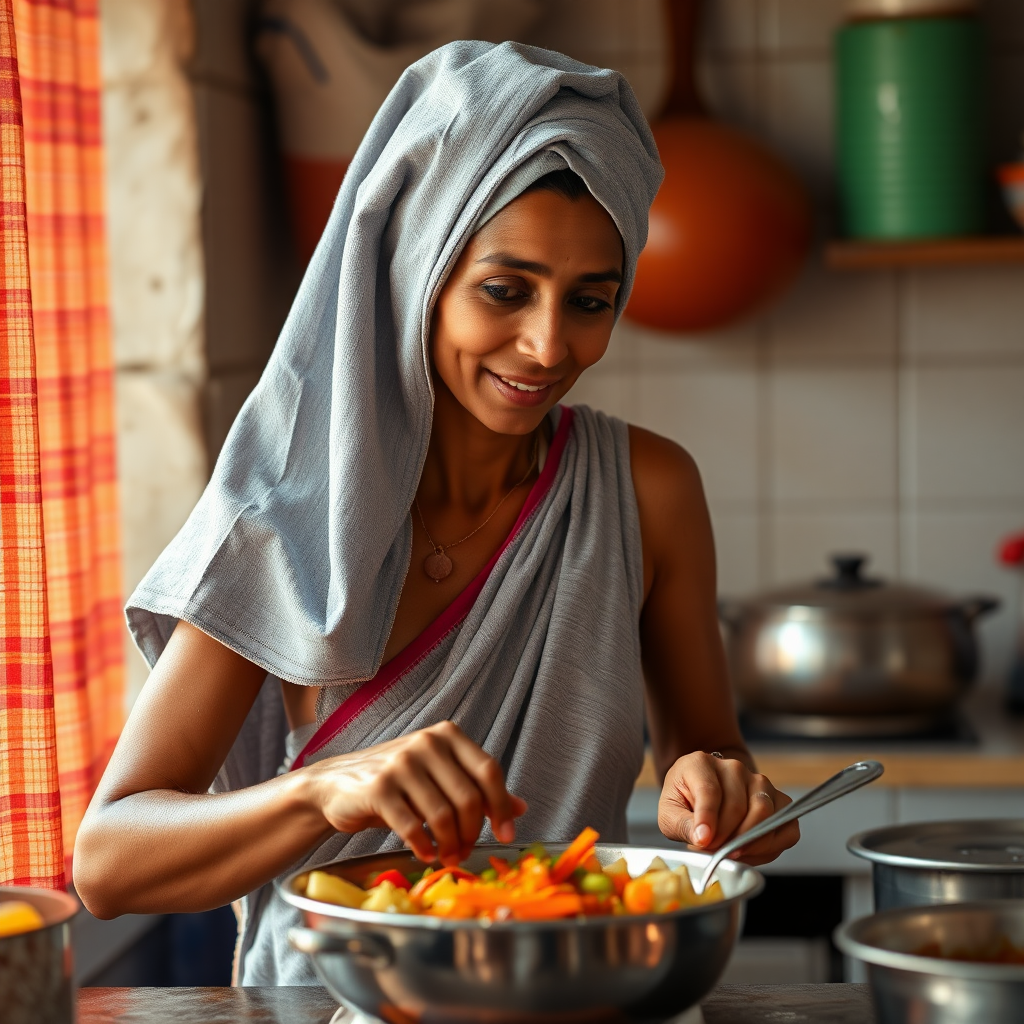 slim, 40 year old, traditional, wet indian wife, towel head, cooking food in kitchen