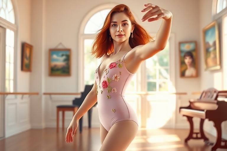 In a sunlit studio adorned with delicate ballet barre and mirrors that reflect the soft, diffused light streaming through the large, arched windows, Alice Liddell, now in her early 20s, strikes a poised and graceful ballerina's pose. She wears a stunning, form-fitting leotard adorned with intricate floral embellishments that dance vibrantly against her athletic figure, highlighting the contours of her toned muscles. Her flowing auburn hair cascades elegantly, framing her face and adding a warm, radiant contrast against the delicate, pastel shades of her attire.

Alice’s striking blue eyes sparkle with determination and passion, capturing the viewer’s attention as they radiate a spirit of creativity and enthusiasm. The studio is filled with a symphony of subtle sounds—soft footsteps on the polished wooden floor, the faint rustle of fabric as she moves, and the gentle, soothing notes of a piano playing in the background, creating a serene atmosphere.

Immersed in the ethereal ambiance typical of WLOP's painterly style, the scene flourishes with soft brush strokes and luminous highlights, giving it an impressionistic quality that feels both alive and dreamlike. The artworks hanging on the walls are vibrant, depicting fantastical landscapes that inspire imagination and wonder, echoing the aesthetic charm of Genshin Impact and the intricate creations found on Pixiv.

This breathtaking composition is not just an image; it is a celebration of the boundless possibilities of AI-generated art. Each detail, from the delicate patterns of the flowers on her leotard to the soft shadows playing across her radiant skin, evokes a sense of awe, inviting the viewer to lose themselves in the magical world of creativity and graceful artistry embodied by Alice.