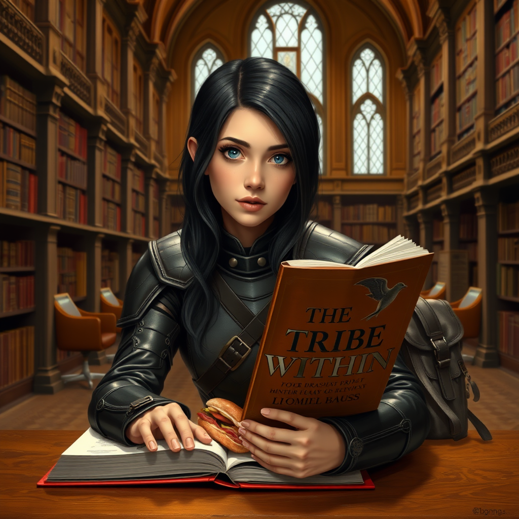 beautiful young woman, dark hair past her shoulders, blue eyes, small, slim figure, wearing full leather armor suit, sitting at table, reading book title: "The Tribe Within", a sandwich and backpack, in a grand old library.