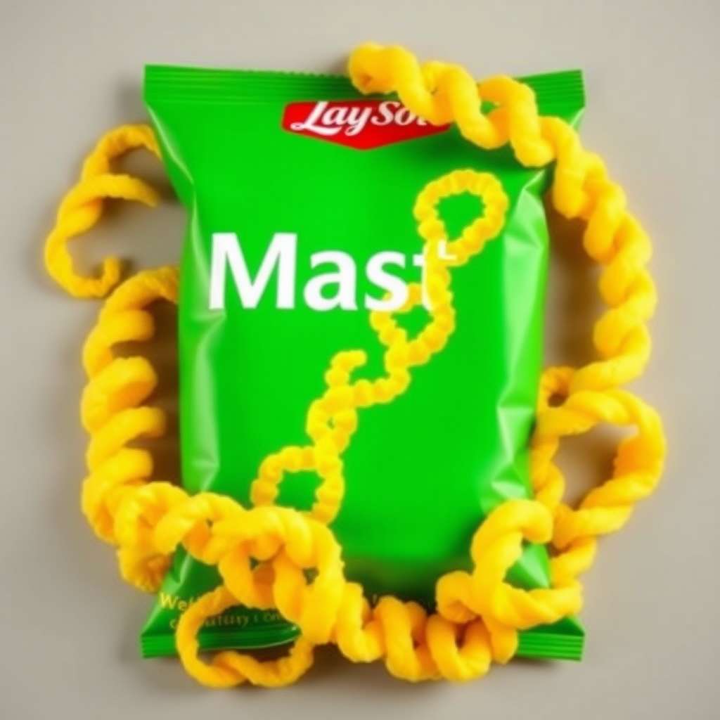 A solid masti lays packet with yellow color makes the chips like two curls in one, like DNA, and enhances the curly chips.