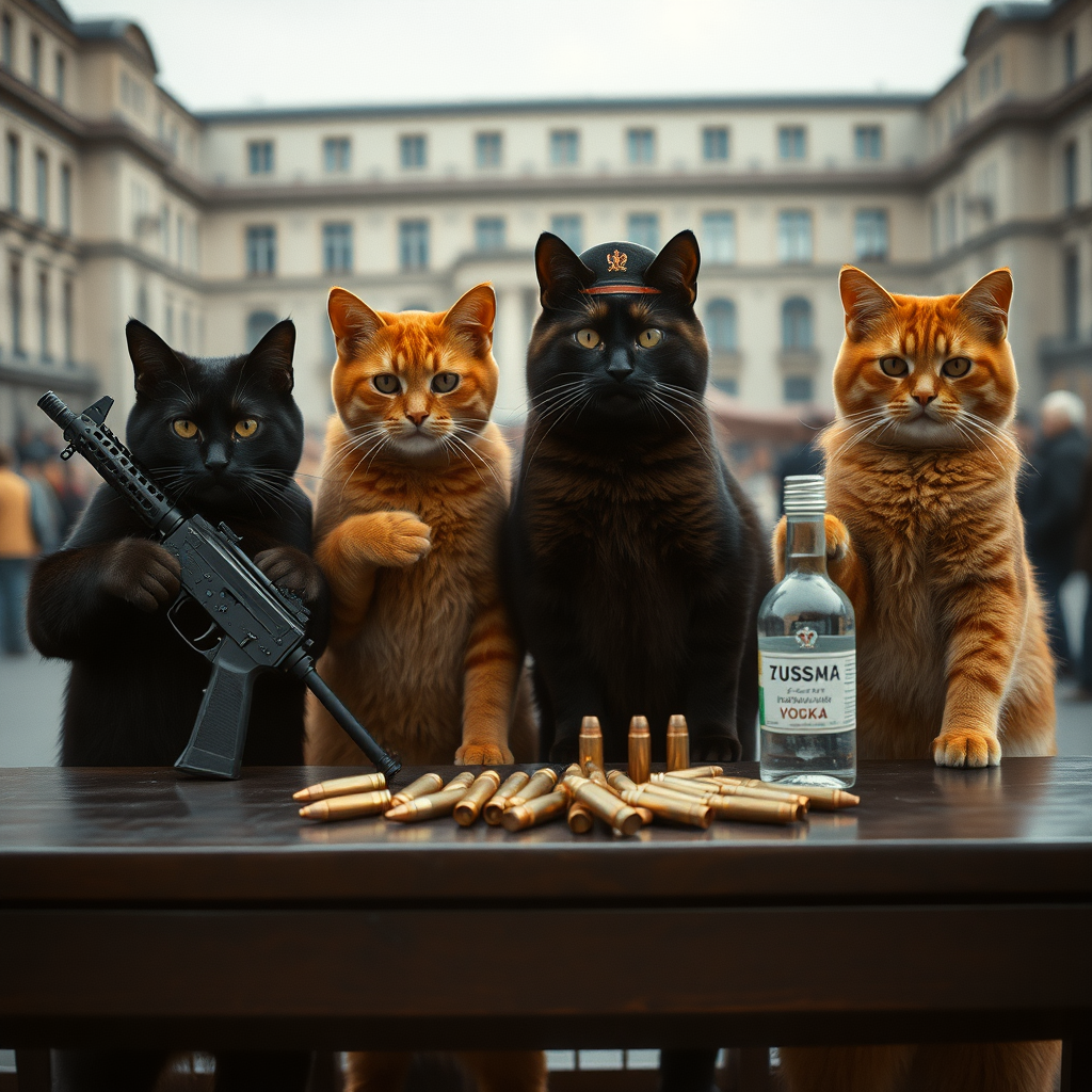 4 cat-men in a large square, a black one holding an AK-47, an orange one with a Russian military cap, a dark brown one and a light brown one, USSR communists with vodka, behind a table with bullet casings on it (film photo style)