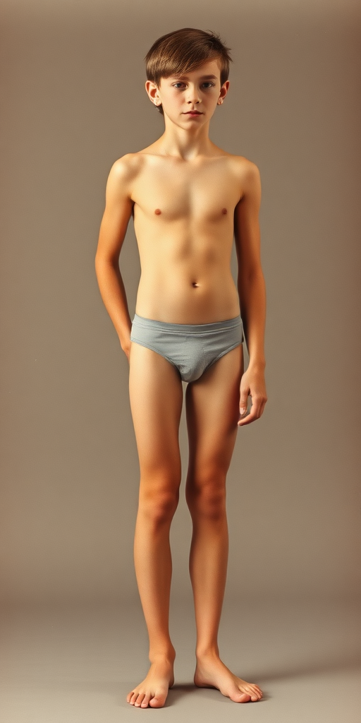 A skinny 14yo teen boy, long hairs bow cut, wearing tight narrow speedo, long legs, narrow thighs. Vintage family photo. full-length view. 1980s. photorealistic, ultra high resolution, 16K, Negative: grainy, blurry, bad anatomy, extra limbs, watermark.