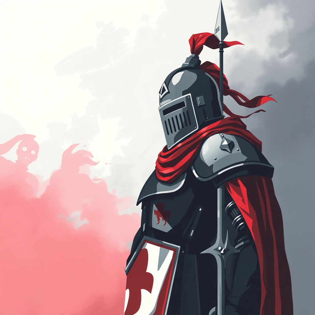 A knight in black, white, and red colors, the background in guiding colors.