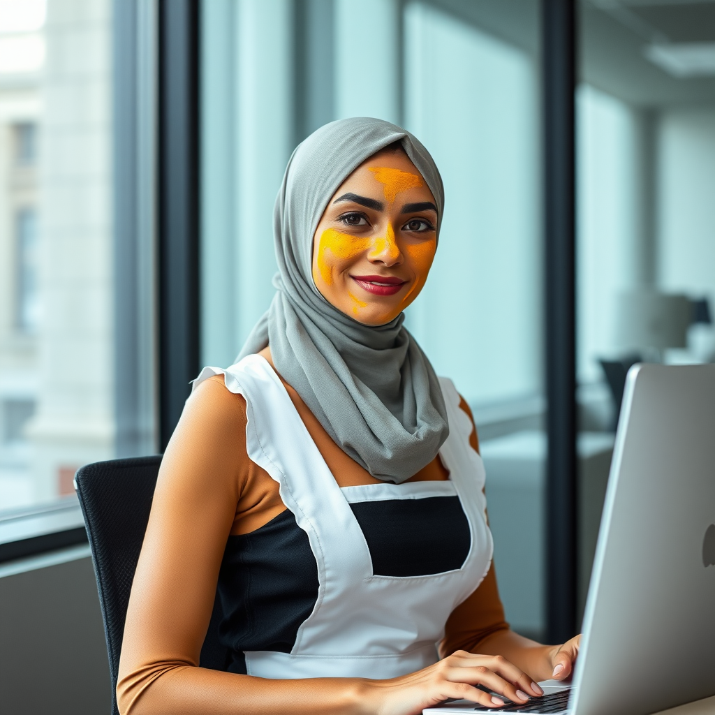 slim, modern, french maid, scarf head, turmeric paste on face, working in office