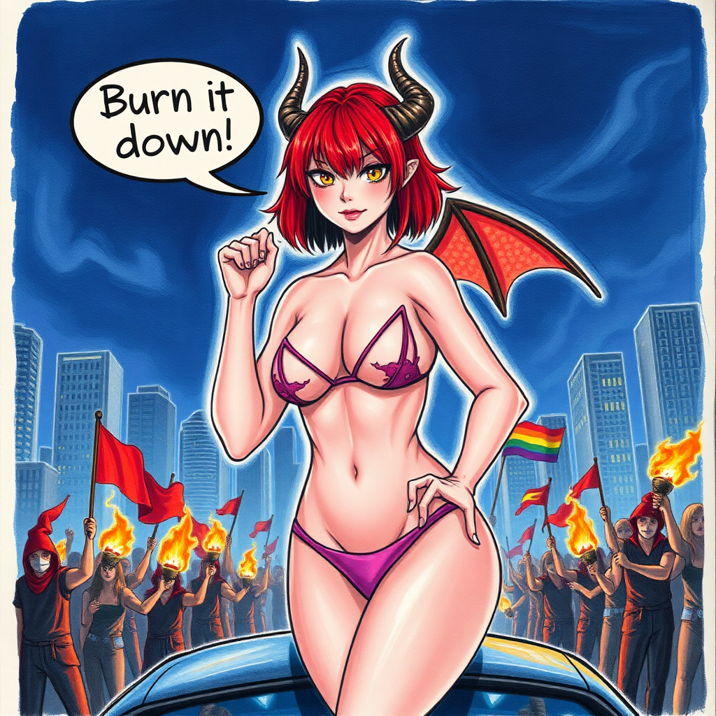 A anime drawing with crayons: A seductive hypersexual succubus woman, wicked smirk, speech bubble "Burn it down", short red hair, mega-colossal huge massive boobs/tits/breasts that can barely fit in a bikini her right-hand into/inside her thong to her vagina, standing on top of a car, horns, yellow eyes, sexy waist, full body, a city on night being overtaken by rioters with red-flags/LGBQT flags/and Raised Fist Flags, Molotov cocktails