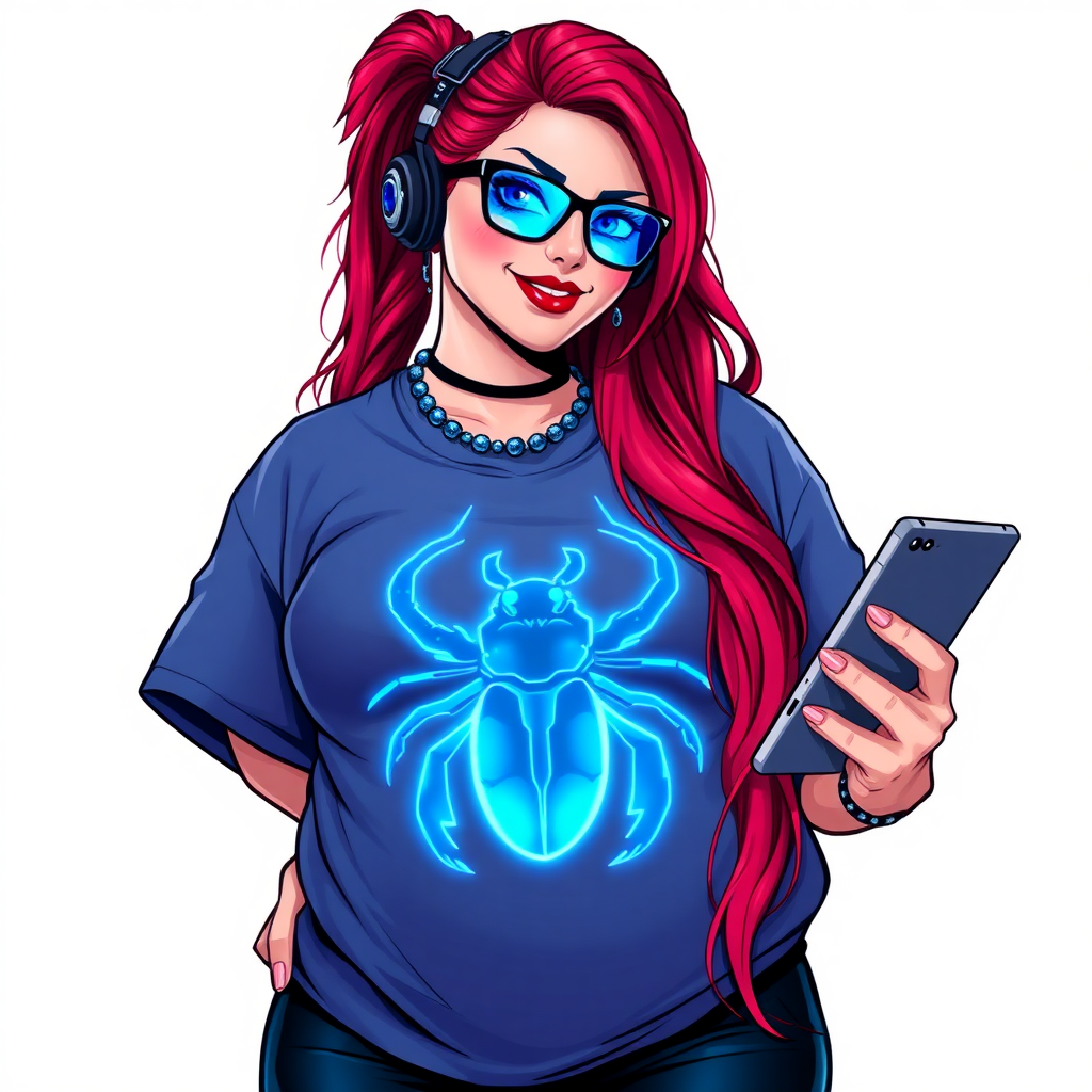 A cyberpunk vigilante’s full-figured intelligent and tech-savvy 29-year-old girlfriend, who is a computer hacker and tech genius. She has a long ruby red ponytail and bright blue eyes. She wears a sapphire beetle gemstone necklace, and an oversized Maximum Blue (RGB 71, 171, 204) t-shirt featuring a giant neon blue glowing icon of a scarab beetle on its chest. She has a full-figured physique with a prominent, gargantuan, round midsection, reflecting her well-cared-for lifestyle. The midsection is heavily emphasized. She sports a sapphire headset with hi-tech Maximum Blue (RGB 71, 171, 204) lensed HUD visor, Maximum Blue (RGB 71, 171, 204) lipstick, black eyeglasses, and a beaming smile with a passionate bright red blush. Despite her figure and a lack of self-esteem, she radiates an air of beauty. She has an angular face which contributes to her radiant beauty. She serves as his tech expert from his hideout, holding a holographic tablet and a hi-tech tool wrench. The background is solid white. She is drawn as if she was in a retro 2D cyberpunk fighting game. Make sure her shirt covers her round midsection.