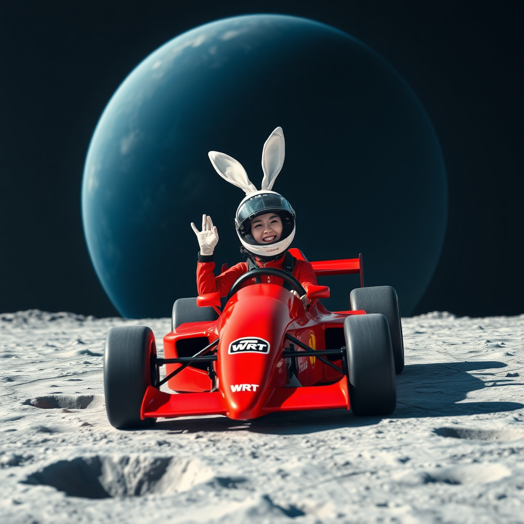 On the surface of the moon, there is a flat racetrack along the crater, where a red Formula racing car is located, marked with WRT. A beautiful Chinese female racer, wearing a full racing helmet with white rabbit ears on top, is laughing and waving one hand while firmly gripping the steering wheel with the other. In the background is a huge blue Earth.