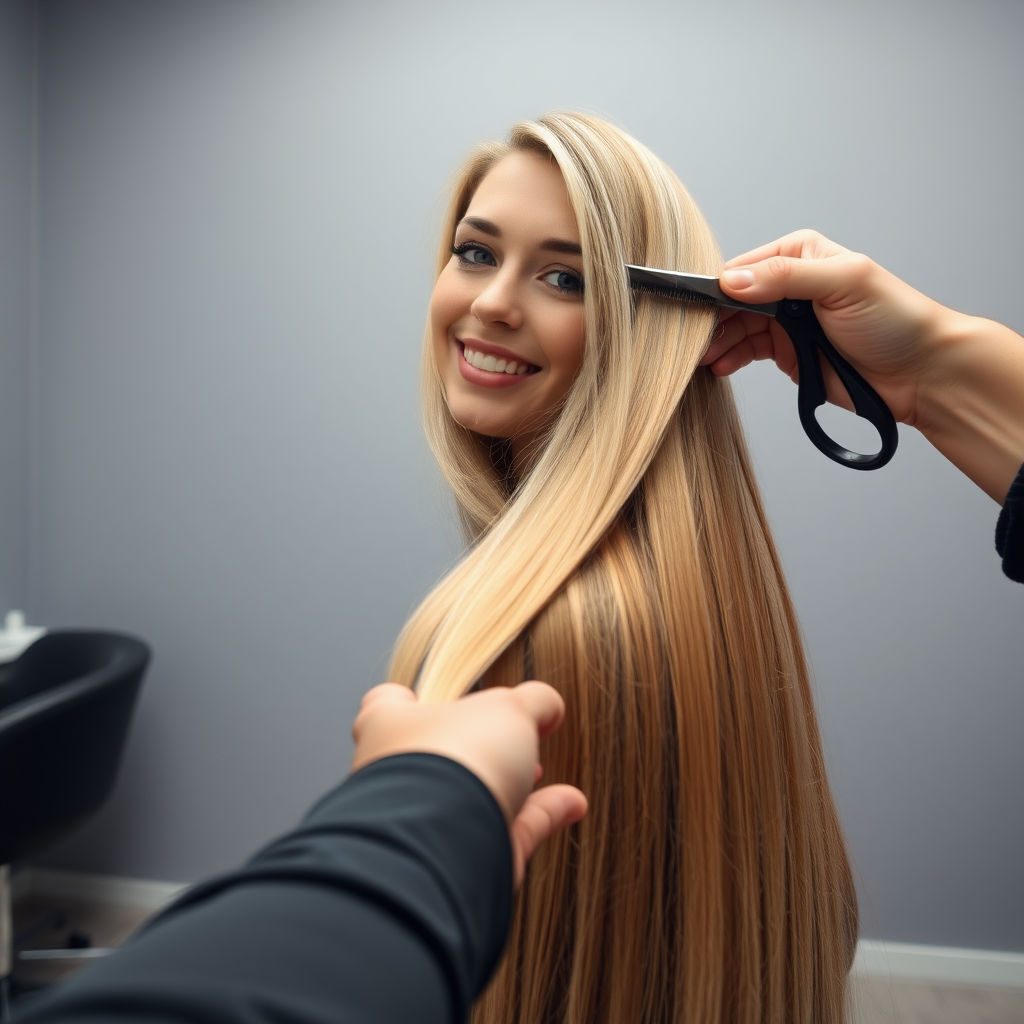 POV, beautiful very long haired blonde woman sitting in a hair salon smiling at the camera while I reach out from behind the camera to trim her very long hair. Plain gray background.