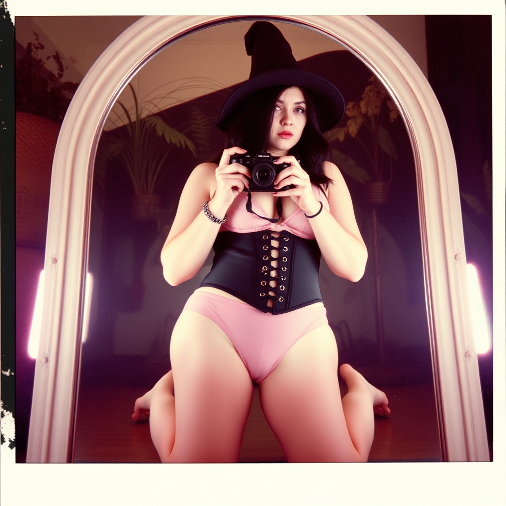 An old polaroid photo with a color tint to the photograph and visible light leaks. The photo depicts a the reflection of a sexy alt goth girl with pale skin and black hair taking a self portrait with an old film camera. She has a plump booty. Her mascara is running. She has large breasts with ample cleavage and she is wearing a skimpy gstring that leaves a gap between her pubic area and thigh. The fabric of her gstring is skimpy and pink and white and barely covers her and her bra is translucent and pink and white. She is in a photography studio with artistic lighting and plants are all around behind her. She is kneeling with her knees spread apart above a large mirror. Her underwear is damp. She is wearing a witch hat. She is also wearing a black underbust corset.