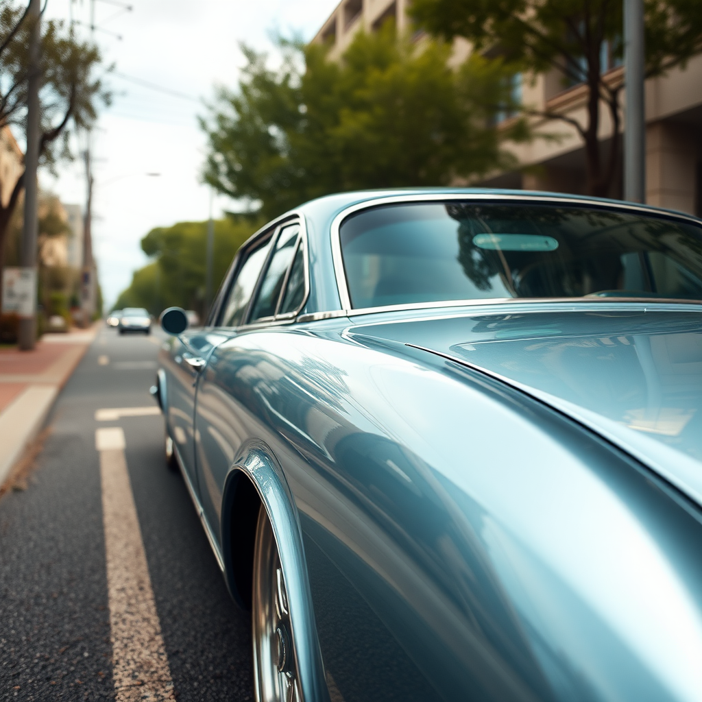 metallic shine classic car is parked on the side of the road, inspired by Taiyō Matsumoto, tumblr, restomod, nd4, c4 metallic shine classic american low rider car