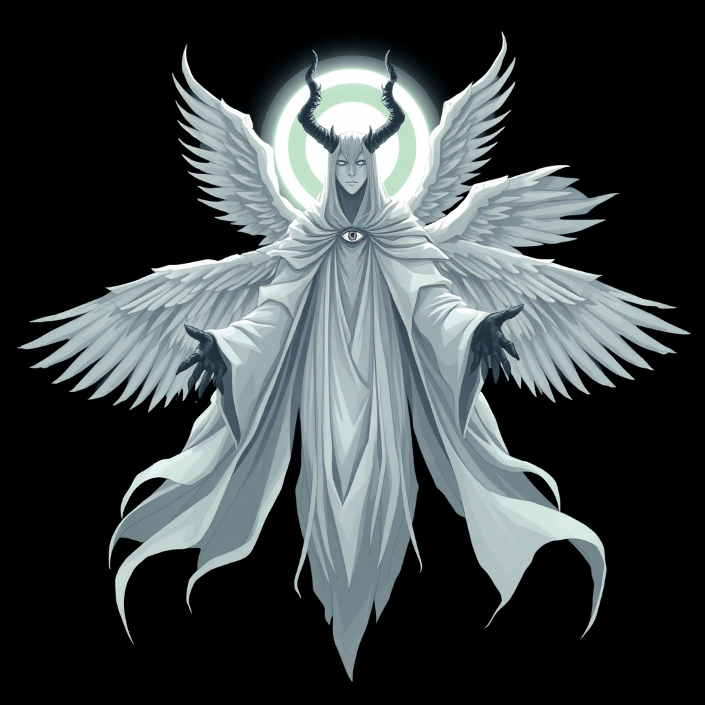 (Anime-styled art) Black background, the eerie figure of Yaldabaoth, the Demiurge, emerges in stark contrast. Towering and ghost-like, his form is tall and ethereal, a spectral white silhouette that seems to glow with an unsettling luminescence. His face is hidden beneath a strange and eerie circular light, radiant and blinding, with a single eye symbol hauntingly suspended within the glow. His head is crowned by four jagged, imposing horns, adding to his menacing yet angelic presence. Draped in flowing robes of white and black, Yaldabaoth's appearance straddles the line between celestial and terrifying. Four majestic angel wings unfurl from his back, their divine beauty twisted by the sinister aura that surrounds him. Floating effortlessly in mid-air, his entire form is visible—a full-body view as his arms extend outward, as if preparing to unleash a powerful, otherworldly force. His presence commands awe and fear, a terrifying blend of celestial grace and eerie malevolence.