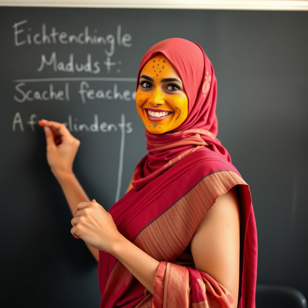 slim, 30 year old, sexy, french female school teacher, saree, scarf head, turmeric face mask. She is smiling and teaching on a blackboard