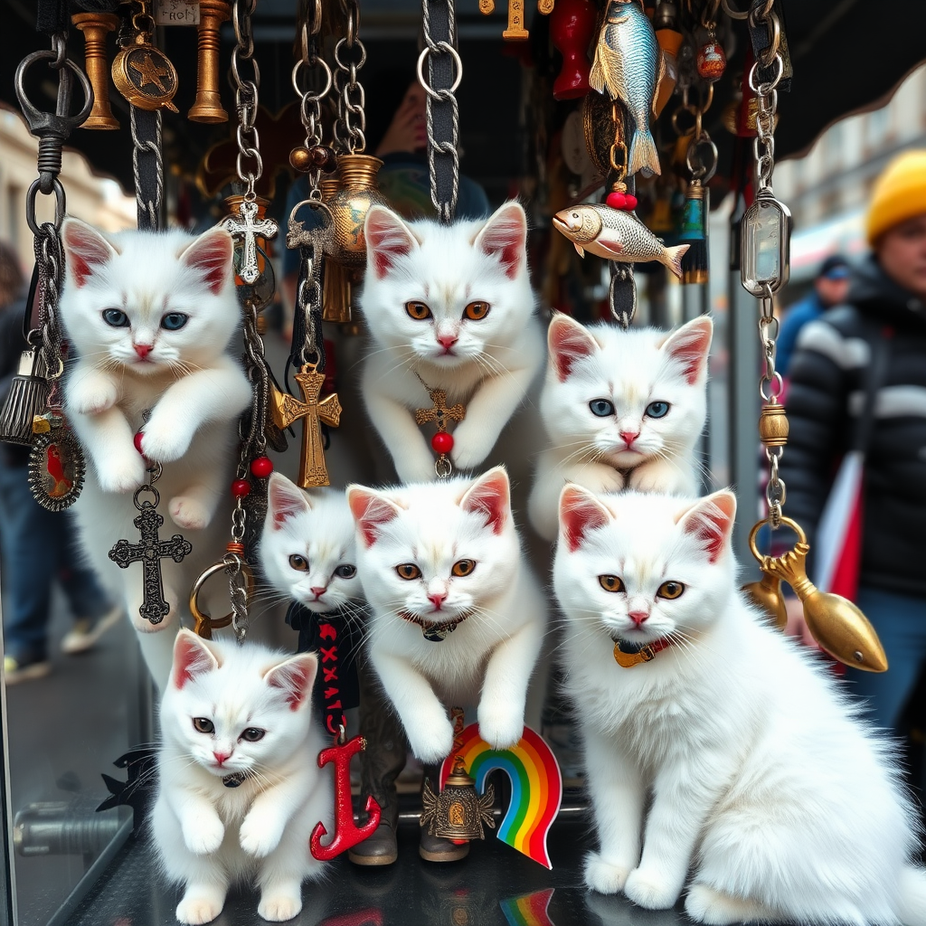 A street stall staffed by white kittens filled with kitschy keychains for tourists in Berlin, cats, Catholic, vampire, cross, tacky, rainbow, raining, weird, post-apocalypse, fish, punk rock