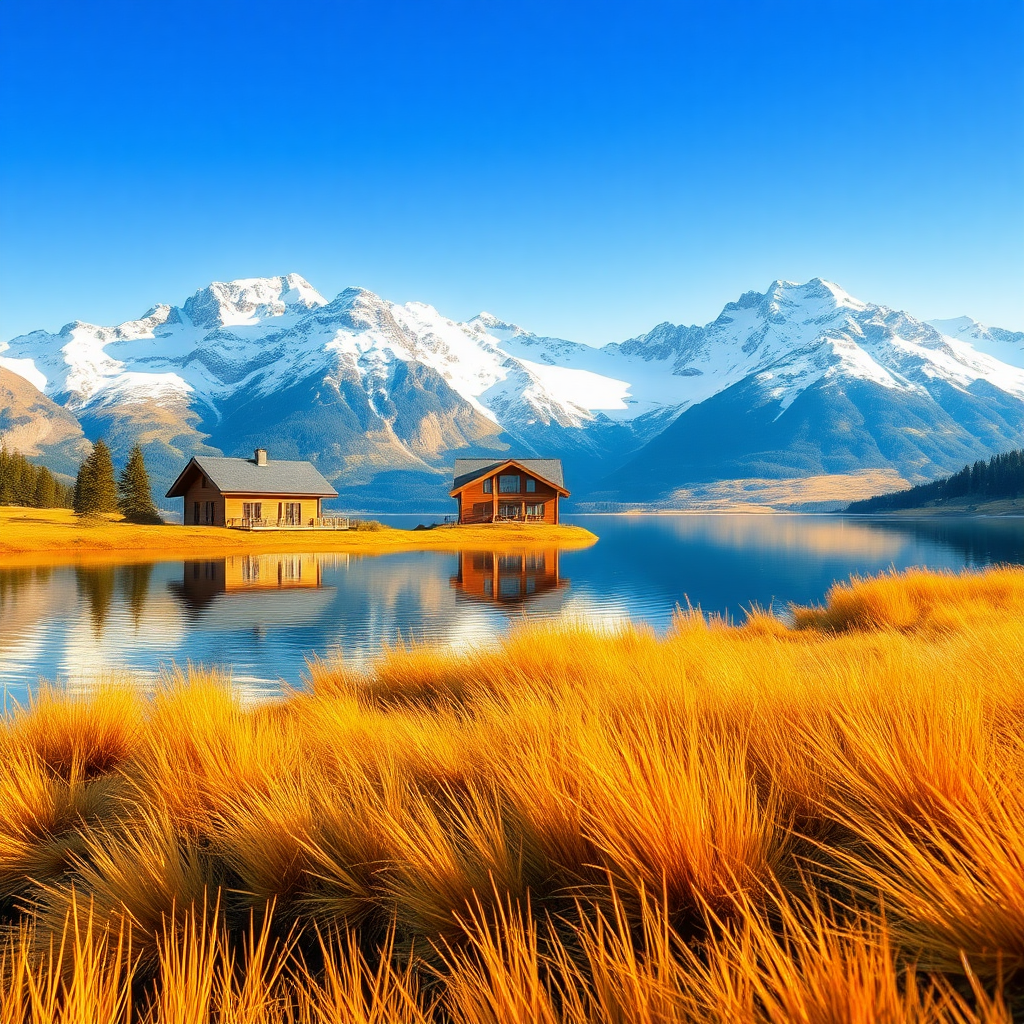 A serene alpine landscape featuring a modern wooden chalet nestled near a tranquil lake. The backdrop is surrounded by majestic snow-capped mountains under a vivid blue sky. The reflections of the mountains and chalet create ripples across the lake's blue waters. The foreground showcases golden grass bordering the water, enhancing warm tones against the cool blues. The entire scene exudes a bright and saturated color palette, radiating an animated aesthetic that emphasizes the vividness and beauty of nature. The composition invites a sense of calm and tranquility in this breathtaking mountain resort.