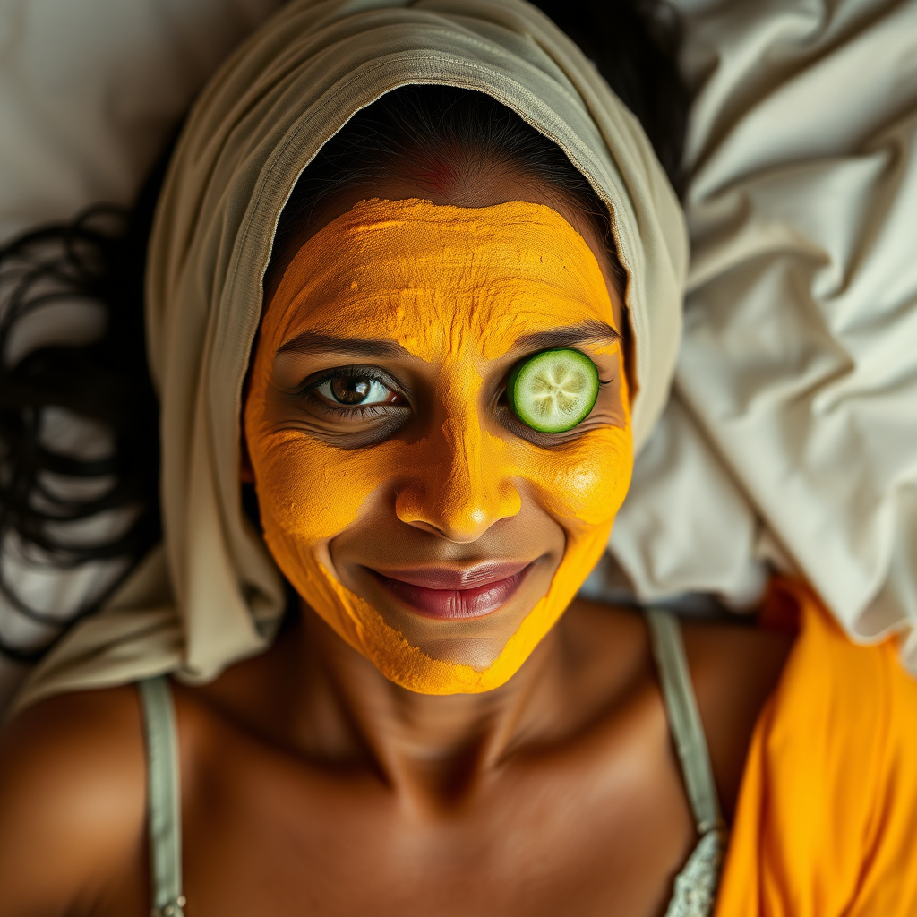 A skinny, traditional, 30 year old Indian wife with hair covering, wearing a bra, lying on a bed. Her face is covered with turmeric face mask, and her eyes are covered with cucumber slices. She looks satisfied from her facial expression.