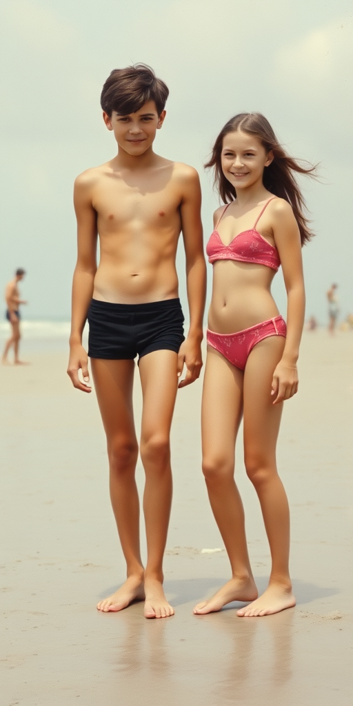 A vintage photo, 1970s. A skinny 14yo teen boy and girl. On beach. British. Long legs, bare thighs. Hot summer. Full length view.