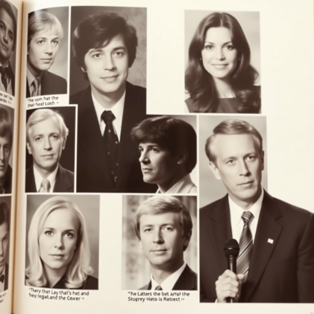 a highschool yearbook of random celebrities and politics, multiple photos, photo album, quotes below each photo