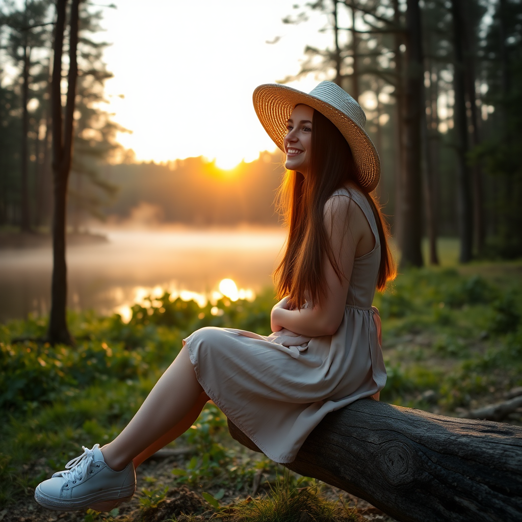 a young woman sitting on a strunk next to a lake in a forrest. long brunette hair. she is wearing a dress, sneakers and a wide straw hat. looking to the side, enjoying the sight with a smile. the sinking sun is falling through the trees. a little fog is rising from the lake. light like in fairy tale, a bit mystic. photo