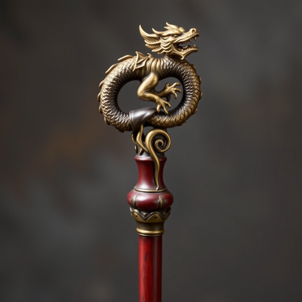 a wizard's staff with a red wood handle and the top depicting a golden dragon with its tail wrapping around the shaft