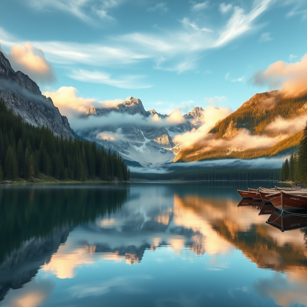 A tranquil alpine lake scene at dawn, featuring hyperrealistic details. Majestic mountains tower in the background, partially shrouded in soft, wispy clouds that diffuse the early sunlight. Lush green coniferous trees line the edges, casting gentle reflections in the calm, glass-like water. The surface of the lake mirrors the rugged rock faces and the ethereal clouds above, creating a seamless blend of colors. Vibrant blues of the sky transition into the rich greens of the forest, while hints of white mist linger close to the water. A row of rustic wooden boats is anchored along the lake's edge, enhancing the serene atmosphere. The overall aesthetic evokes a sense of peace and natural beauty, perfect for a serene escape into nature.