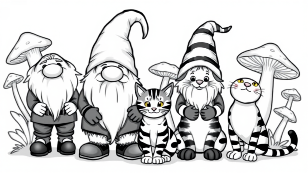 A happy Gnome family standing with their 2 Bengal cats sitting. some mushrooms in the background. Black and White - no gradients or greys. Vector style, isolated on white.