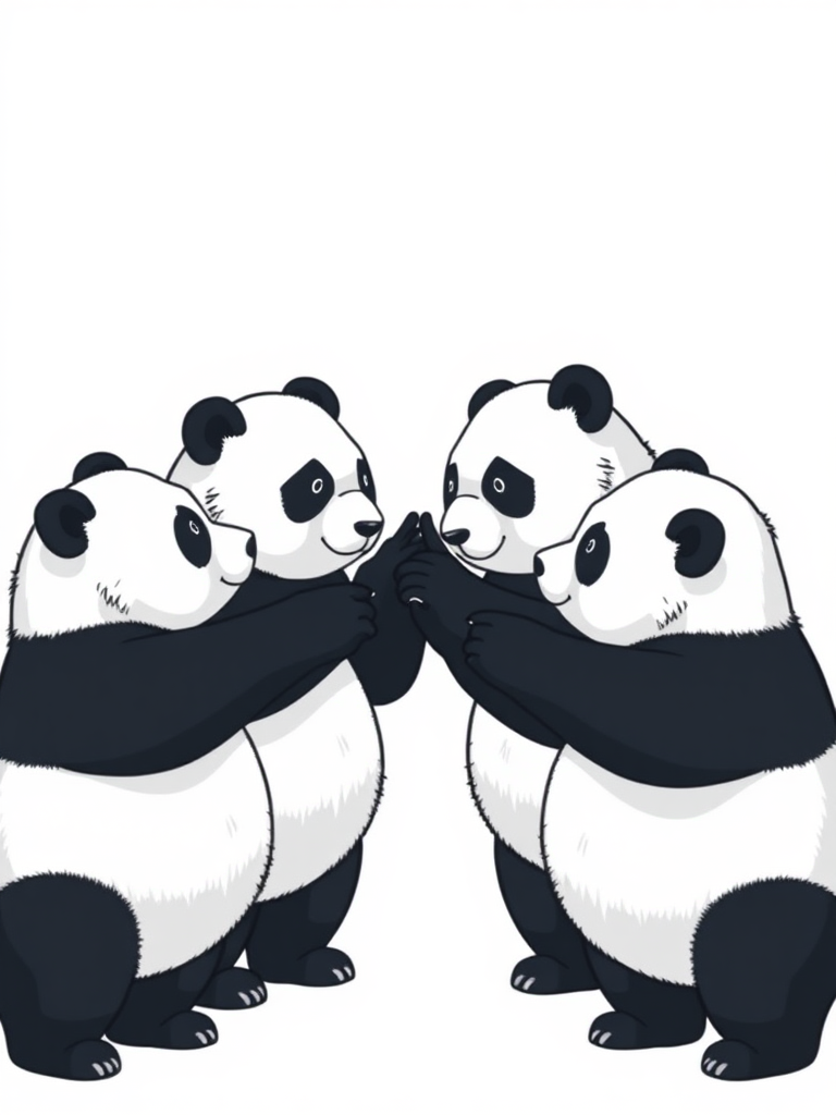 Four panda bears pointing fingers at each other.